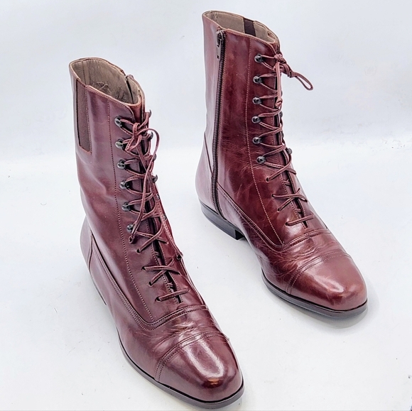 Lorenzo Banfi Leather Lace-up Zip Combat Boots In Cognac Brown Size 38 - Picture 3 of 16